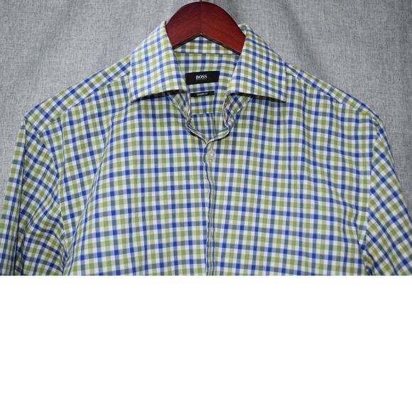 Hugo Boss Green Blue Check Dress Shirt Size L (16) Slim Fit - Picture 2 of 2